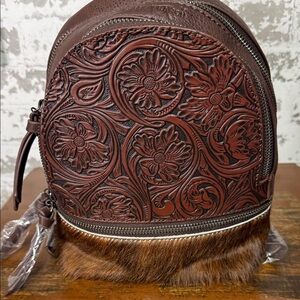 Brown Floral Embossed Backpack purse with Fur Trim